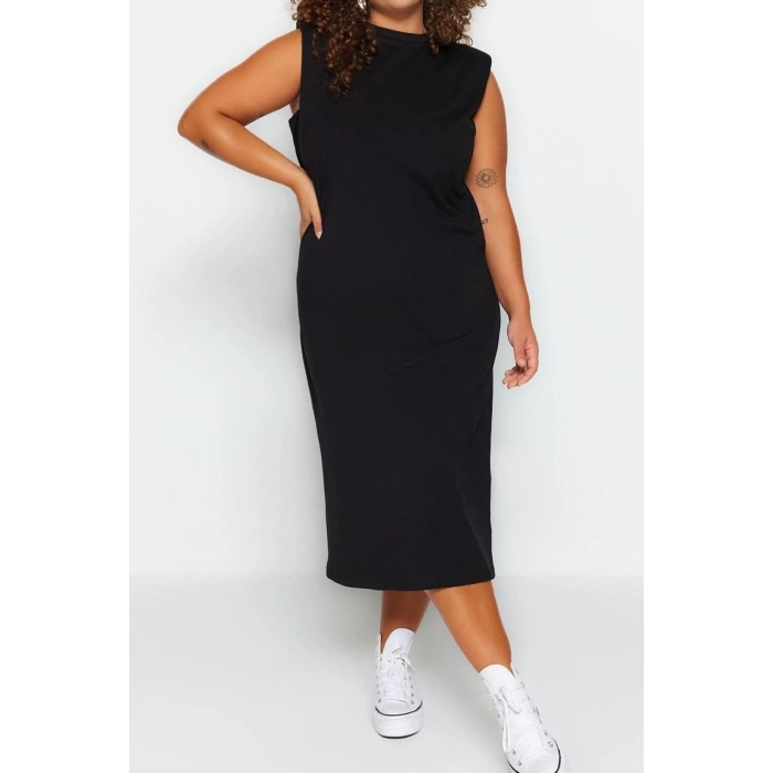 Fashion Comfortable Casual Daily Jersey Knitted Crew Neck Sleeveless Sleeve Shift Midi Length Plus Size Dress