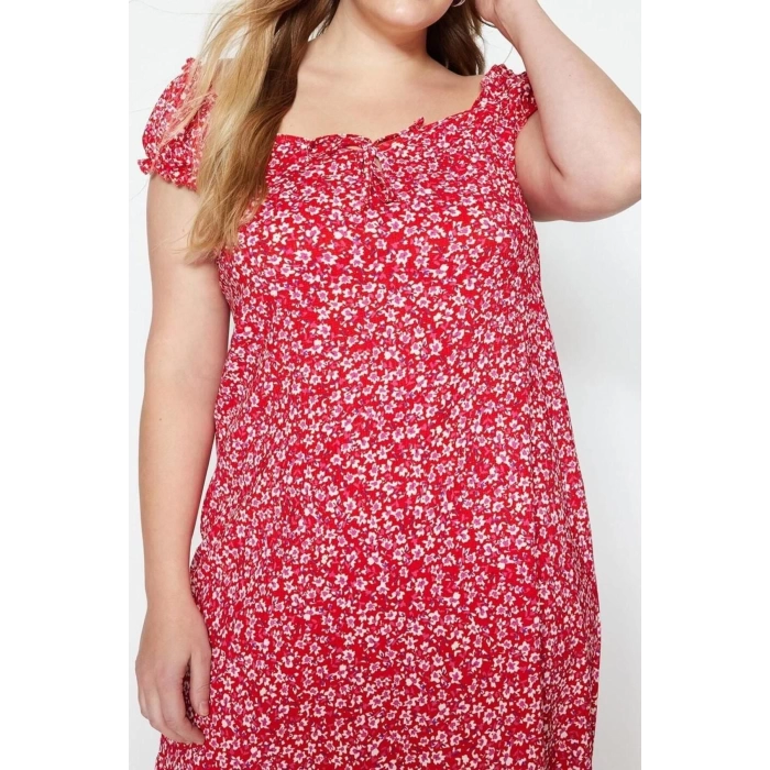 Fashion Fit Casual Daily Crepe Knitted Heart Neck Short Sleeve A-Line Midi Length Plus Size Dress