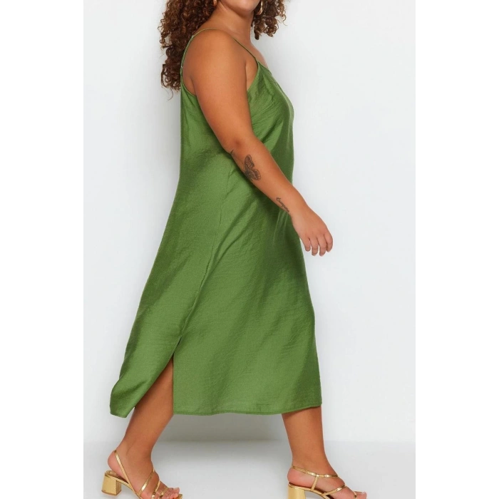 Fashion Fit Casual Daily Shally Woven Square Neck Strappy Sleeve Shift Midi Length Plus Size Dress