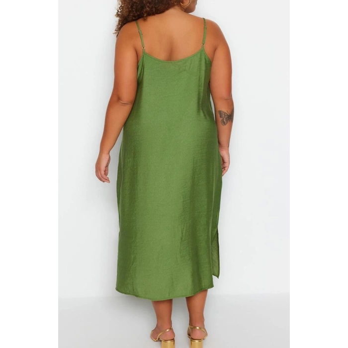 Fashion Fit Casual Daily Shally Woven Square Neck Strappy Sleeve Shift Midi Length Plus Size Dress