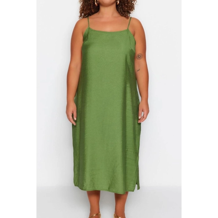 Fashion Fit Casual Daily Shally Woven Square Neck Strappy Sleeve Shift Midi Length Plus Size Dress
