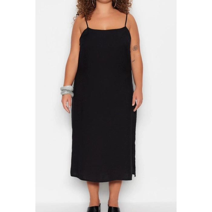 Fashion Fit Casual Daily Shally Woven Square Neck Strappy Sleeve Shift Midi Length Plus Size Dress