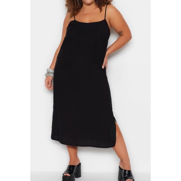 Fashion Fit Casual Daily Shally Woven Square Neck Strappy Sleeve Shift Midi Length Plus Size Dress
