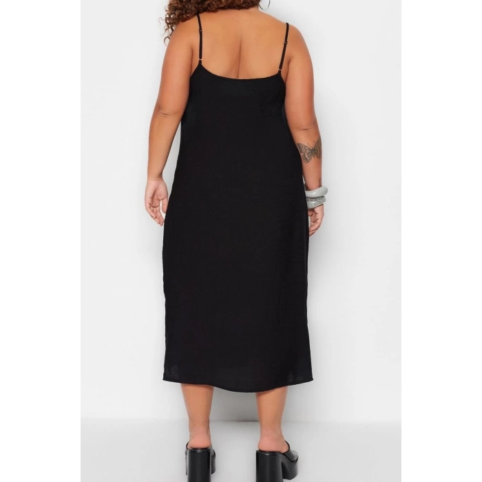 Fashion Fit Casual Daily Shally Woven Square Neck Strappy Sleeve Shift Midi Length Plus Size Dress