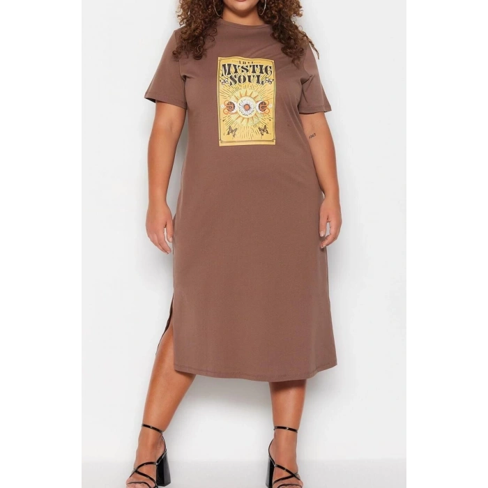 Fashion Comfortable Casual Daily Jersey Knitted Crew Neck Short Sleeve Shift Midi Length Plus Size Dress