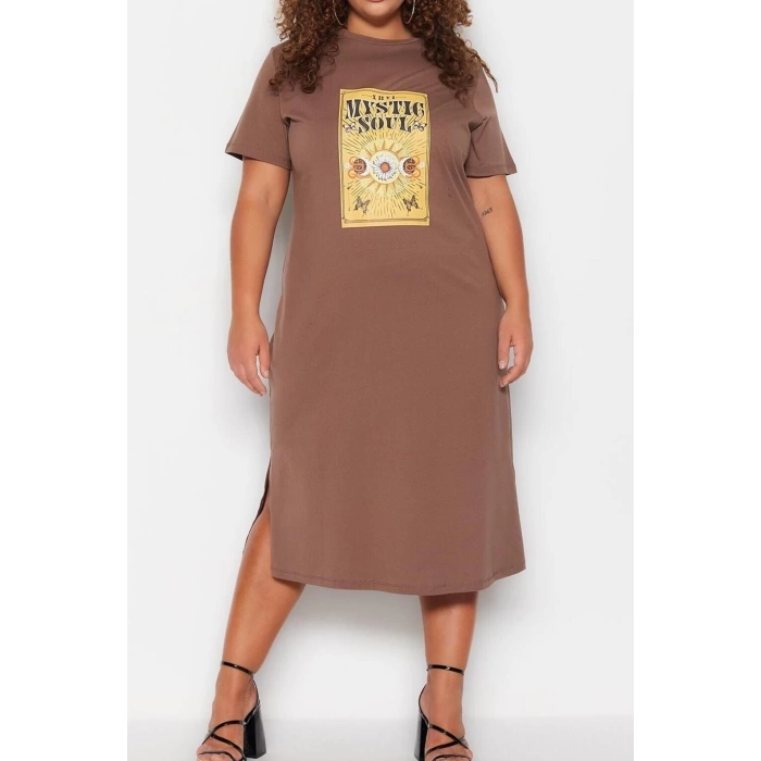 Fashion Comfortable Casual Daily Jersey Knitted Crew Neck Short Sleeve Shift Midi Length Plus Size Dress