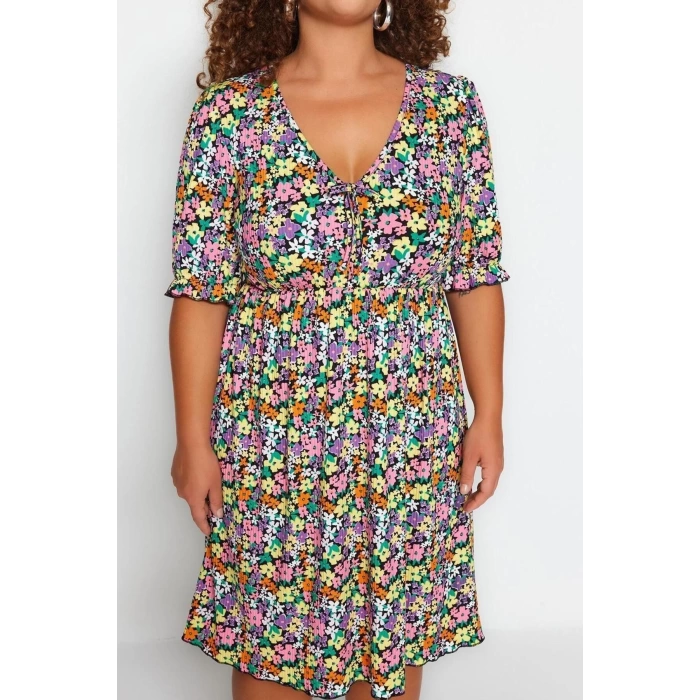 Fashion Slim Casual Daily Camisole Knitted V Neck Short Sleeve Skater Mini Length Plus Size Dress