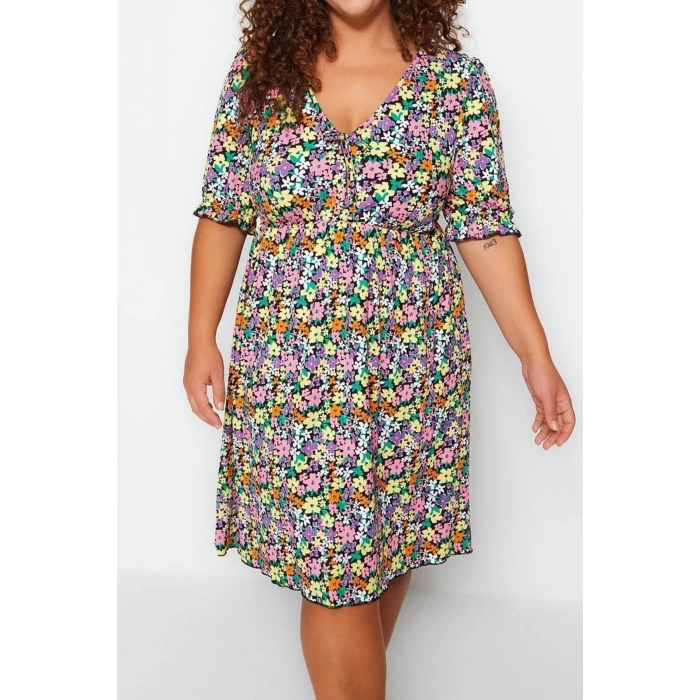 Fashion Slim Casual Daily Camisole Knitted V Neck Short Sleeve Skater Mini Length Plus Size Dress