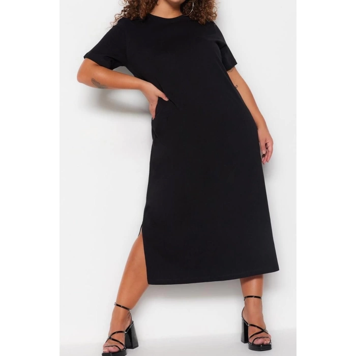 Fashion Comfortable Casual Daily Jersey Knitted Crew Neck Short Sleeve Shift Midi Length Plus Size Dress