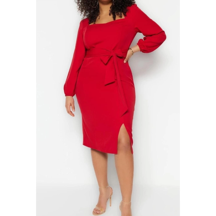 Fashion Casual Day Night Finike Woven Square Neck Long Sleeve Shift Midi Length Plus Size Dress
