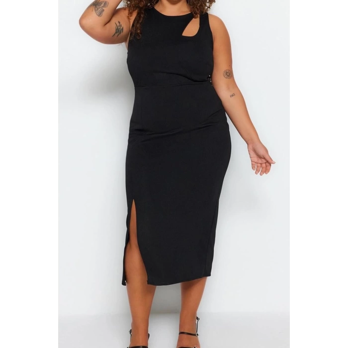 Fashion Fit Day Night Crepe Knitted Crew Neck Sleeveless Sleeve Bodycone Midi Length Plus Size Dress