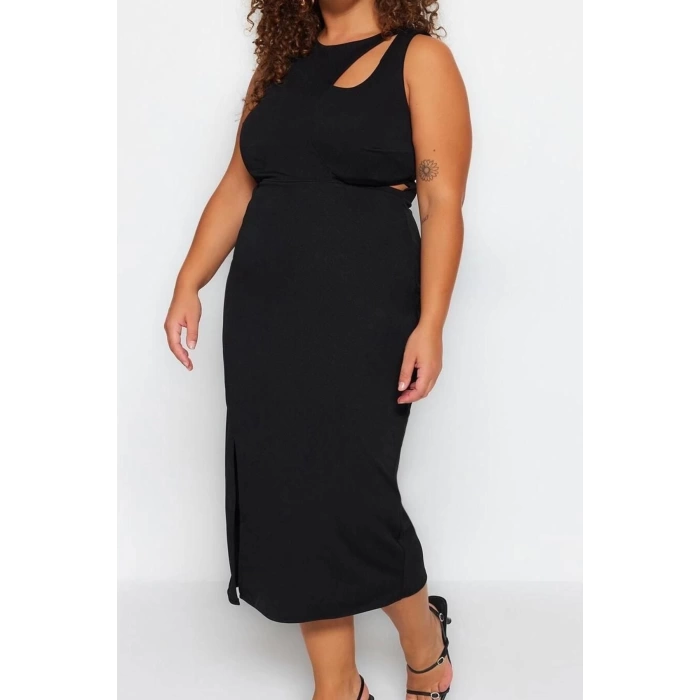Fashion Fit Day Night Crepe Knitted Crew Neck Sleeveless Sleeve Bodycone Midi Length Plus Size Dress