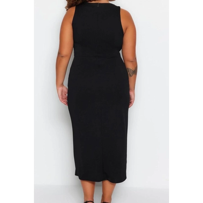 Fashion Fit Day Night Crepe Knitted Crew Neck Sleeveless Sleeve Bodycone Midi Length Plus Size Dress