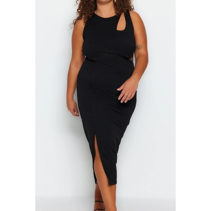 Fashion Fit Day Night Crepe Knitted Crew Neck Sleeveless Sleeve Bodycone Midi Length Plus Size Dress