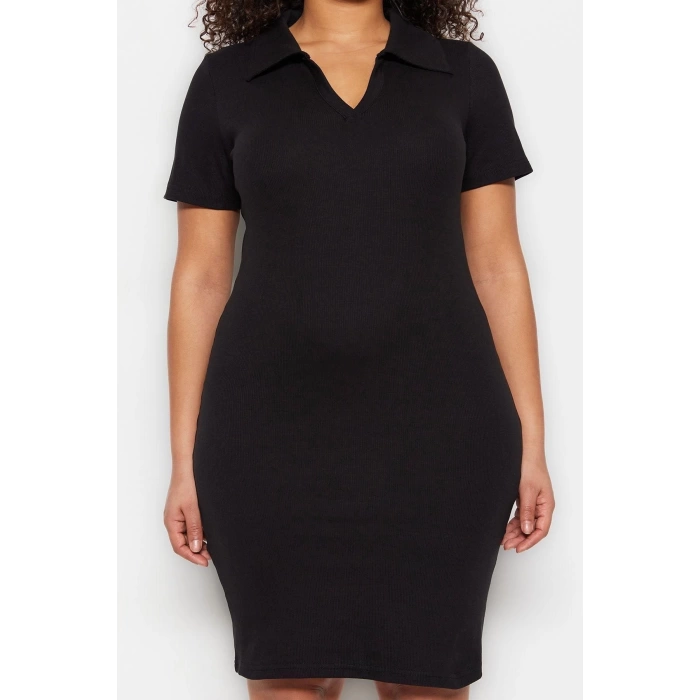 Fashion Fit Casual Daily Camisole Knitted Polo Neck Short Sleeve Bodycon Mini Length Plus Size Dress