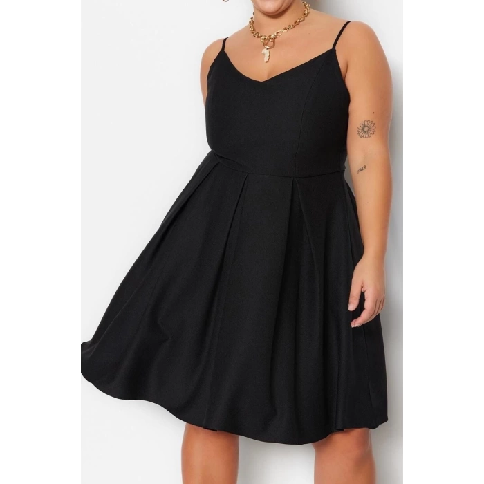 Fashion Casual Wedding Ceremony Crepe Woven V Neck Strap Sleeve Skater Mini Length Plus Size Dress