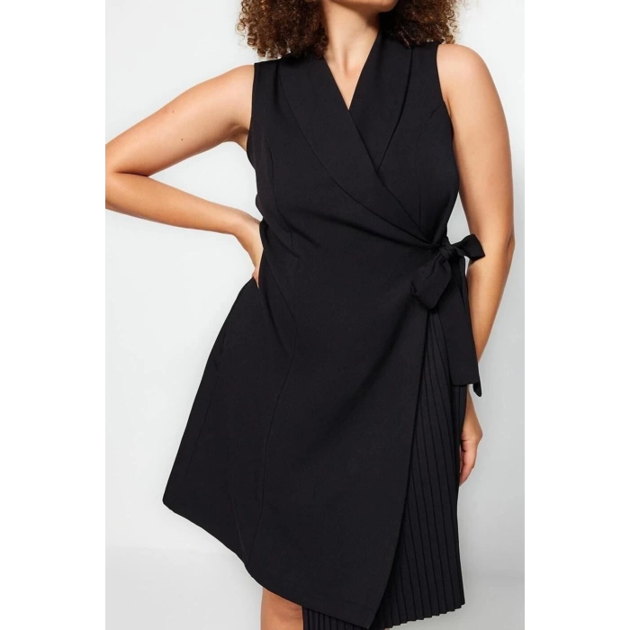 Fashion Slim Casual Daily Finike Woven Jacket Collar Sleeveless Sleeve Wrap Mini Length Plus Size Dress