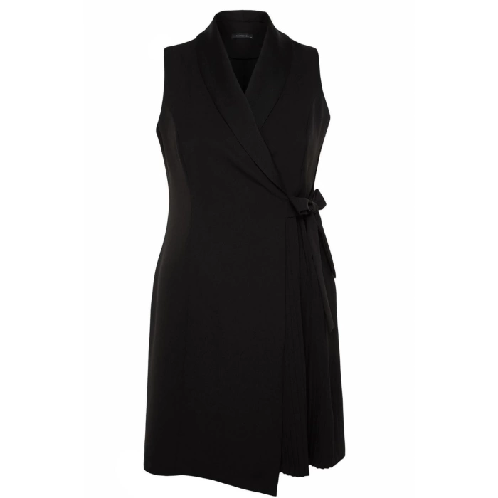 Fashion Slim Casual Daily Finike Woven Jacket Collar Sleeveless Sleeve Wrap Mini Length Plus Size Dress