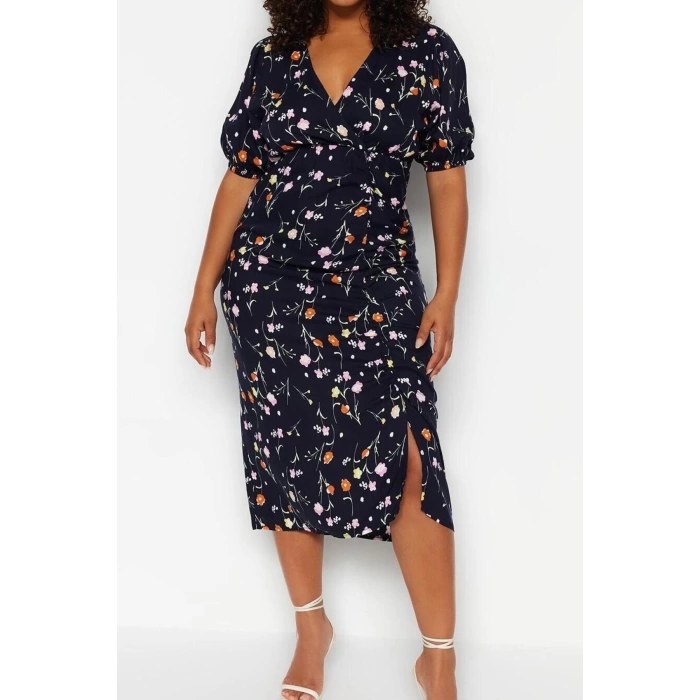 Fashion Comfortable Casual Daily Shally Woven Double Breasted Short Sleeve A-Line Midi Length Plus Size Dress