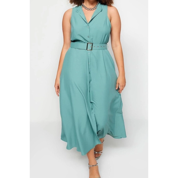 Fashion Casual Casual Aerobin Woven Shirt Collar Sleeveless Sleeve Shirt Dress Maxi Length Plus Size Dress