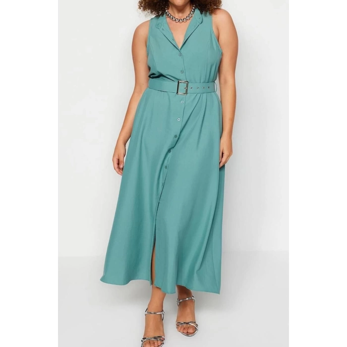 Fashion Casual Casual Aerobin Woven Shirt Collar Sleeveless Sleeve Shirt Dress Maxi Length Plus Size Dress