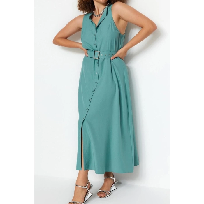 Fashion Casual Casual Aerobin Woven Shirt Collar Sleeveless Sleeve Shirt Dress Maxi Length Plus Size Dress