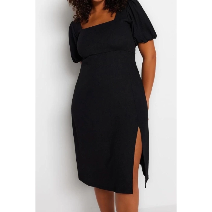 Fashion Slim Casual Daily Crepe Knitted Square Neck Short Sleeve A-Line Midi Length Plus Size Dress
