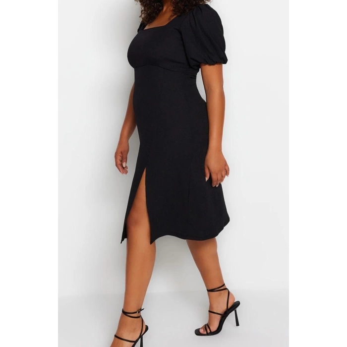 Fashion Slim Casual Daily Crepe Knitted Square Neck Short Sleeve A-Line Midi Length Plus Size Dress