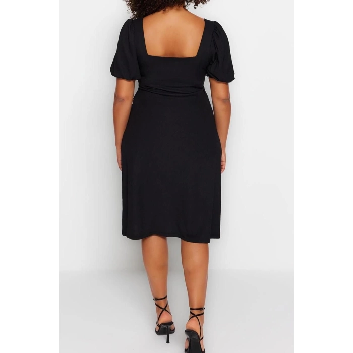 Fashion Slim Casual Daily Crepe Knitted Square Neck Short Sleeve A-Line Midi Length Plus Size Dress