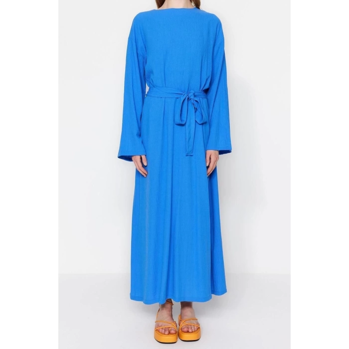 Fashion Regular Casual Daily Crinkle Woven Crew Neck Long Sleeve A-Line Maxi Length Hijab Dress