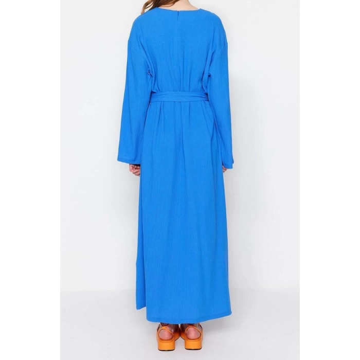 Fashion Regular Casual Daily Crinkle Woven Crew Neck Long Sleeve A-Line Maxi Length Hijab Dress