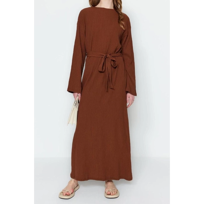 Fashion Regular Casual Daily Crinkle Woven Crew Neck Long Sleeve A-Line Maxi Length Hijab Dress