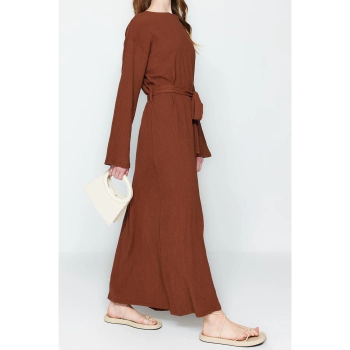 Fashion Regular Casual Daily Crinkle Woven Crew Neck Long Sleeve A-Line Maxi Length Hijab Dress