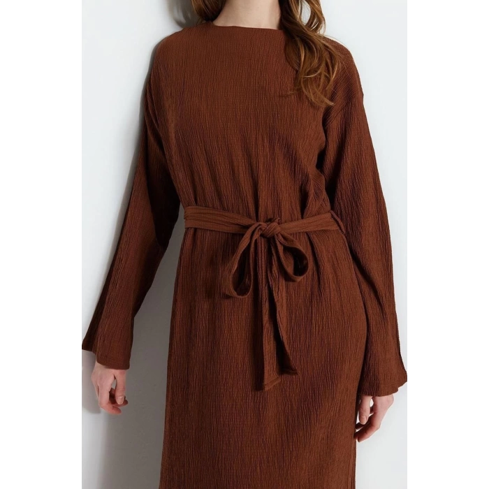 Fashion Regular Casual Daily Crinkle Woven Crew Neck Long Sleeve A-Line Maxi Length Hijab Dress