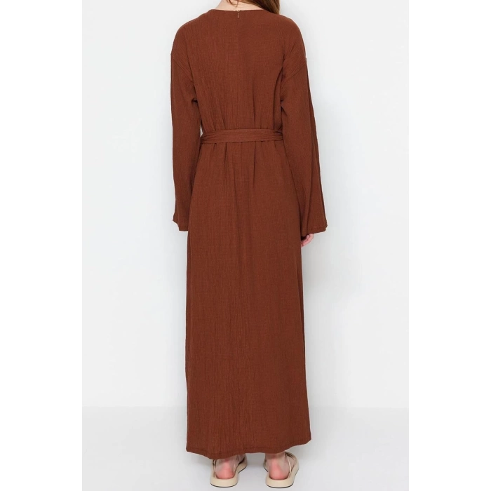 Fashion Regular Casual Daily Crinkle Woven Crew Neck Long Sleeve A-Line Maxi Length Hijab Dress