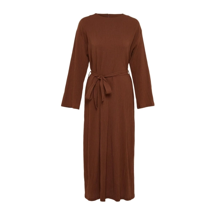 Fashion Regular Casual Daily Crinkle Woven Crew Neck Long Sleeve A-Line Maxi Length Hijab Dress