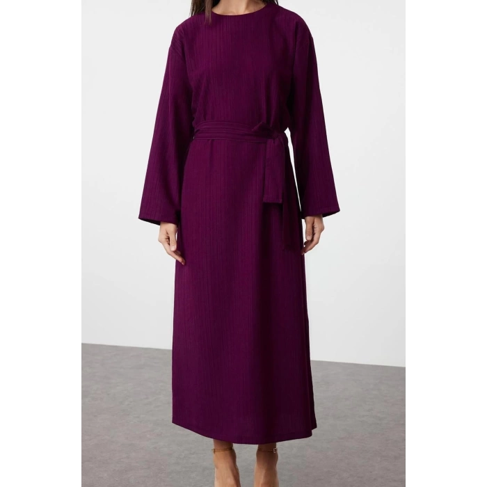 Fashion Regular Casual Daily Crinkle Woven Crew Neck Long Sleeve A-Line Maxi Length Hijab Dress