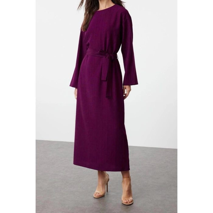 Fashion Regular Casual Daily Crinkle Woven Crew Neck Long Sleeve A-Line Maxi Length Hijab Dress