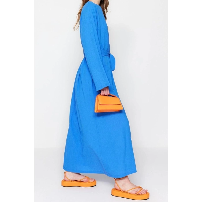 Fashion Regular Casual Daily Crinkle Woven Crew Neck Long Sleeve A-Line Maxi Length Hijab Dress
