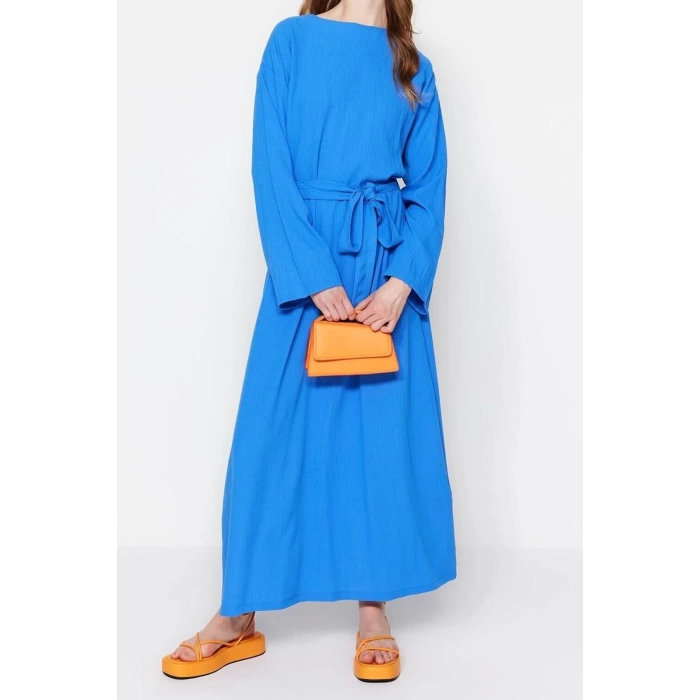 Fashion Regular Casual Daily Crinkle Woven Crew Neck Long Sleeve A-Line Maxi Length Hijab Dress