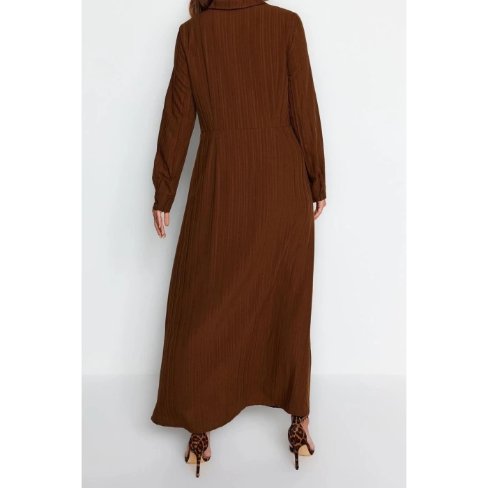 Fashion Regular Casual Daily Crinkle Woven Shirt Collar Long Sleeve Shift Maxi Length Hijab Dress