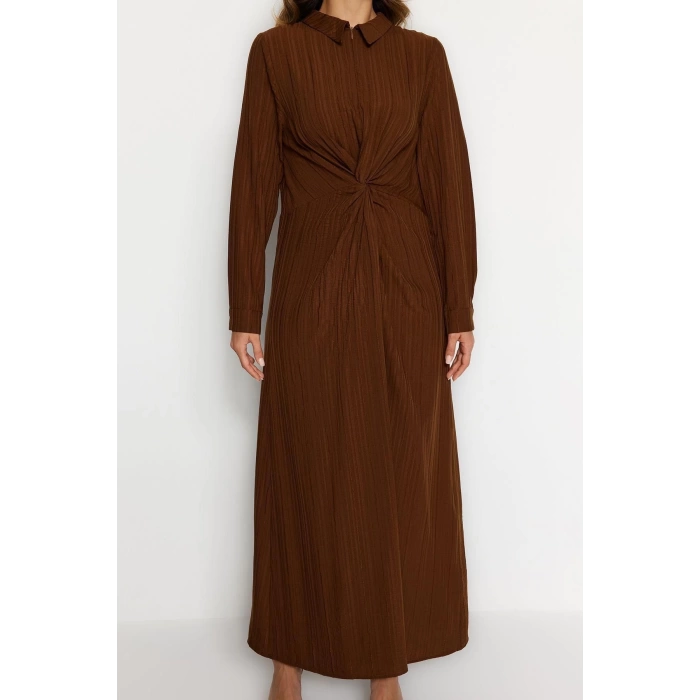Fashion Regular Casual Daily Crinkle Woven Shirt Collar Long Sleeve Shift Maxi Length Hijab Dress