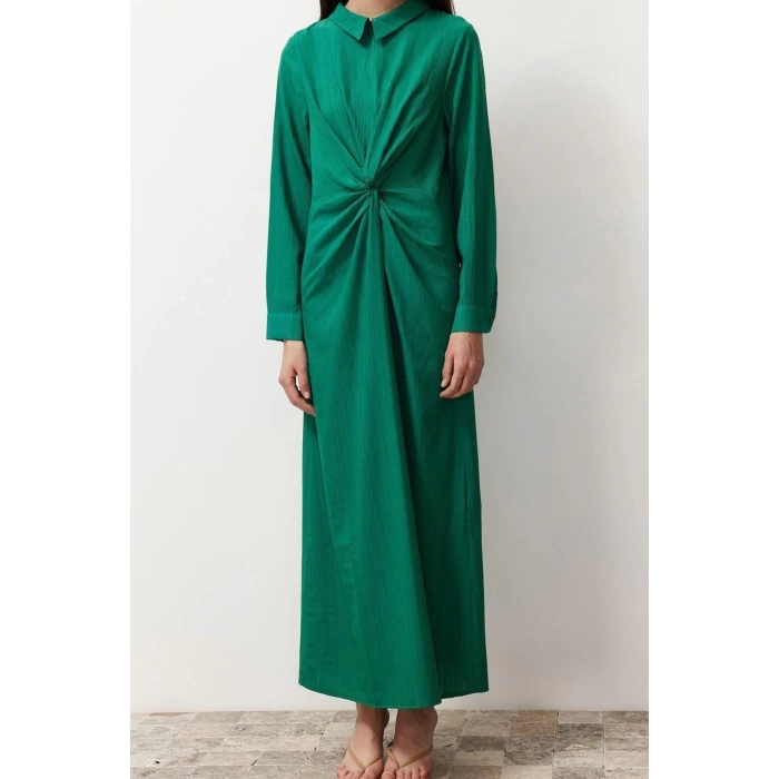 Fashion Regular Casual Daily Crinkle Woven Shirt Collar Long Sleeve Shift Maxi Length Hijab Dress
