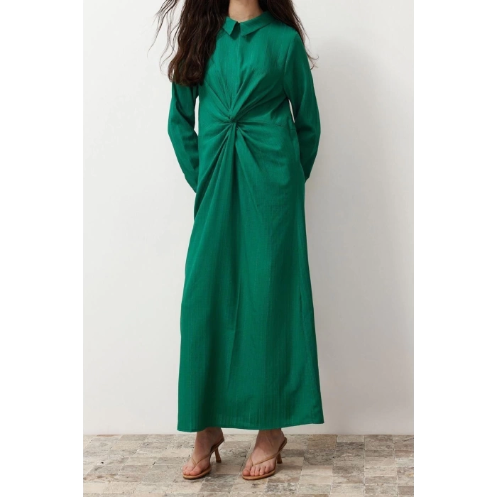 Fashion Regular Casual Daily Crinkle Woven Shirt Collar Long Sleeve Shift Maxi Length Hijab Dress