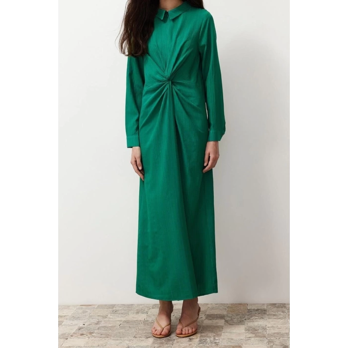 Fashion Regular Casual Daily Crinkle Woven Shirt Collar Long Sleeve Shift Maxi Length Hijab Dress