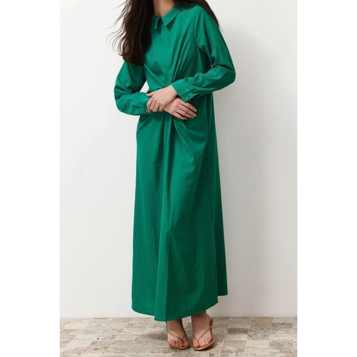 Fashion Regular Casual Daily Crinkle Woven Shirt Collar Long Sleeve Shift Maxi Length Hijab Dress