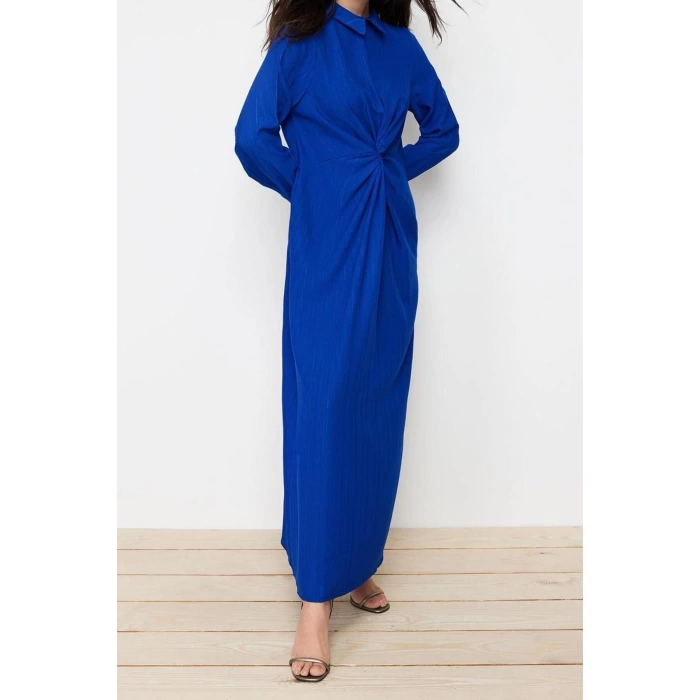 Fashion Regular Casual Daily Crinkle Woven Shirt Collar Long Sleeve Shift Maxi Length Hijab Dress
