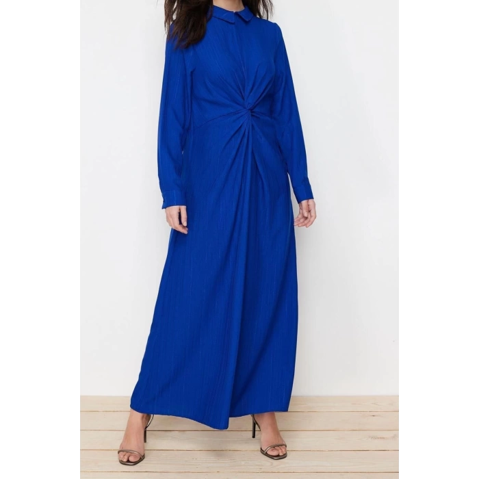 Fashion Regular Casual Daily Crinkle Woven Shirt Collar Long Sleeve Shift Maxi Length Hijab Dress