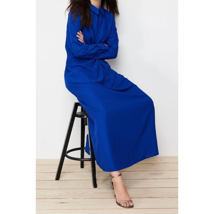Fashion Regular Casual Daily Crinkle Woven Shirt Collar Long Sleeve Shift Maxi Length Hijab Dress