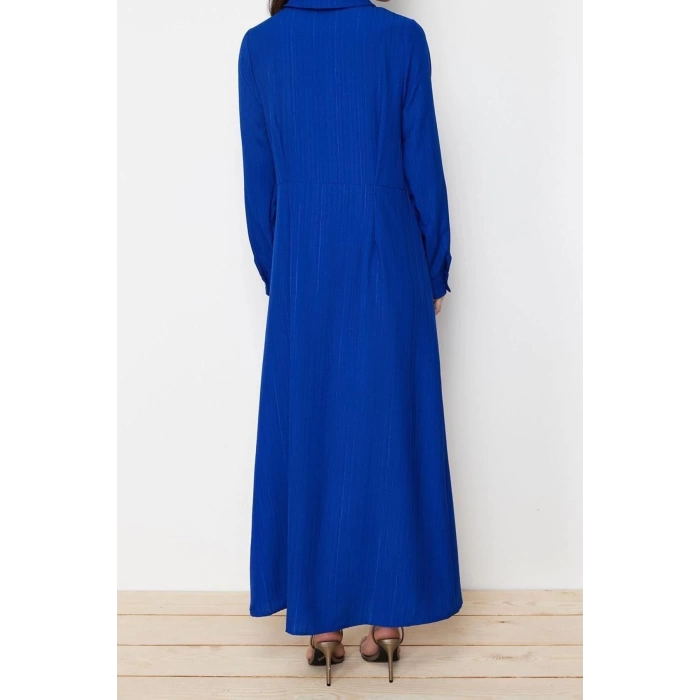 Fashion Regular Casual Daily Crinkle Woven Shirt Collar Long Sleeve Shift Maxi Length Hijab Dress